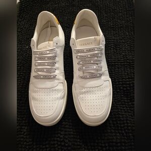 Authentic Versace White Leather Logo Lace-Up Trainers with Branded Laces
